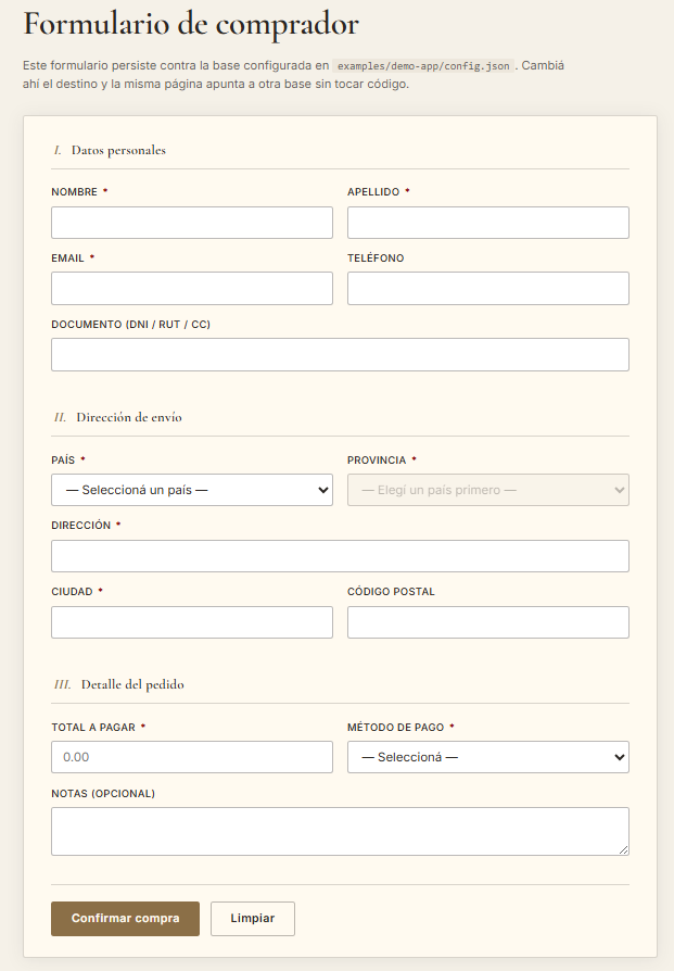 Formulario de comprador del demo app — SUT bajo prueba con Playwright