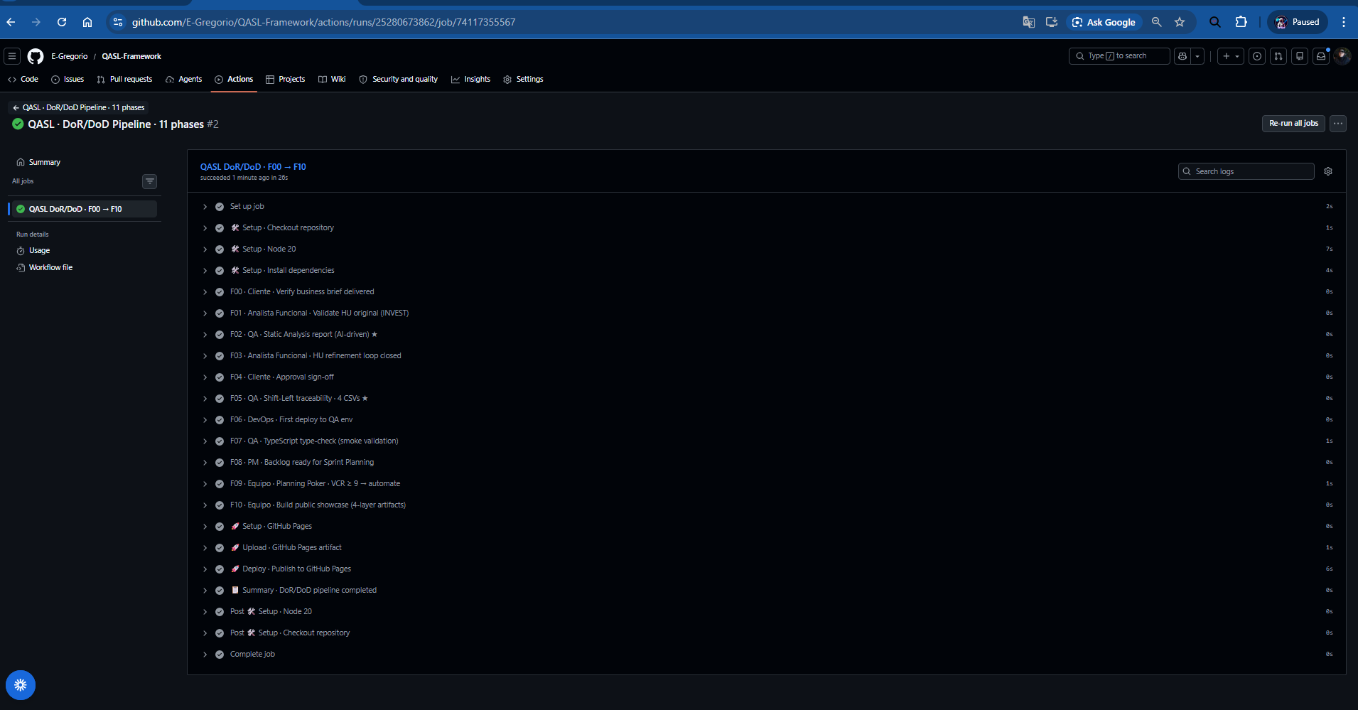 GitHub Actions DoR/DoD Pipeline — 11 fases F00 a F10 en verde · 26 segundos