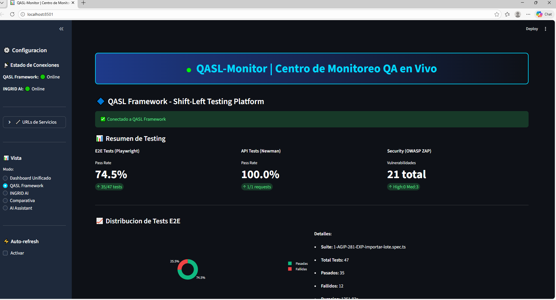 QASL Monitor - Centro de Monitoreo QA en Vivo