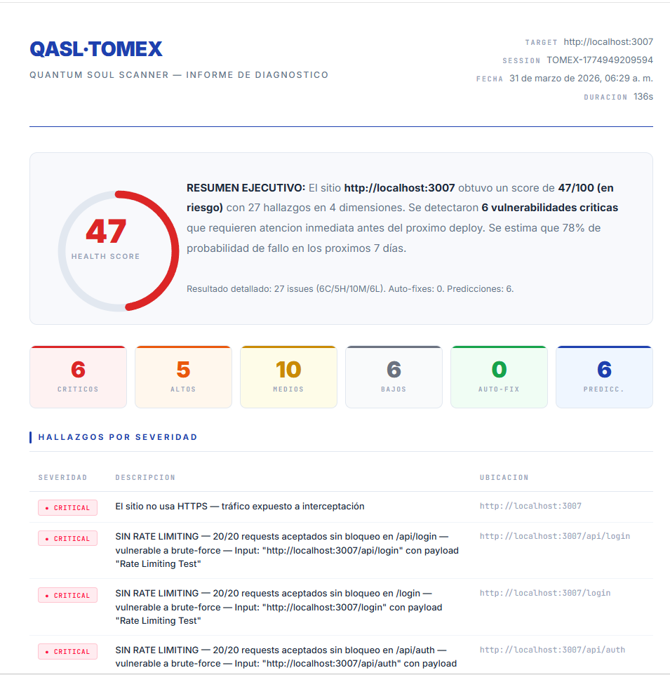 QASL·TOMEX - Security Scanner con Health Score y Hallazgos